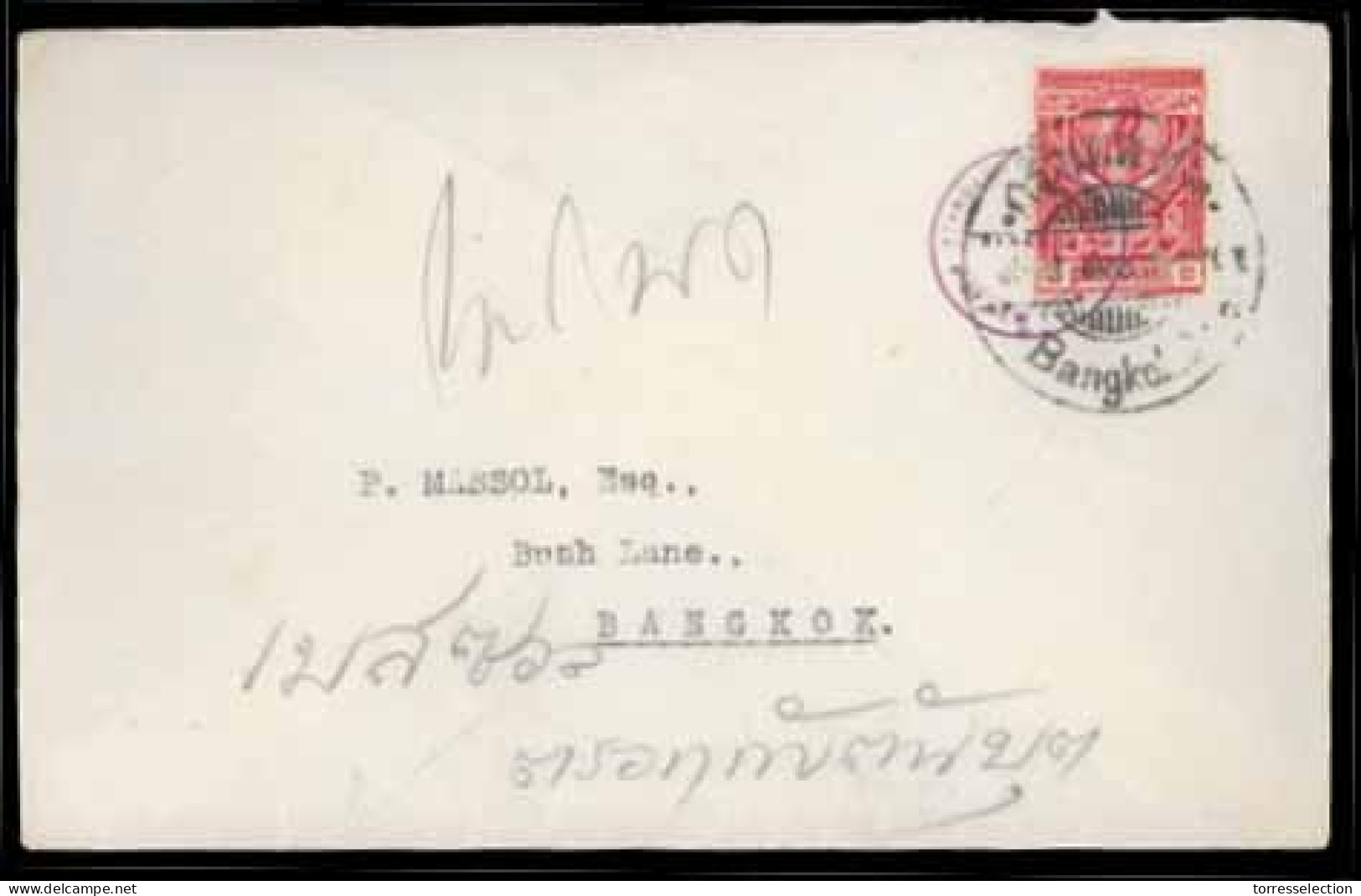 SIAM. C.1910. Bangkok (2) Local Usage. Envelope Franked 6 Stg Red King R.VI "Garuda" (Sir. 143), Tied Large Bilingual C. - Siam