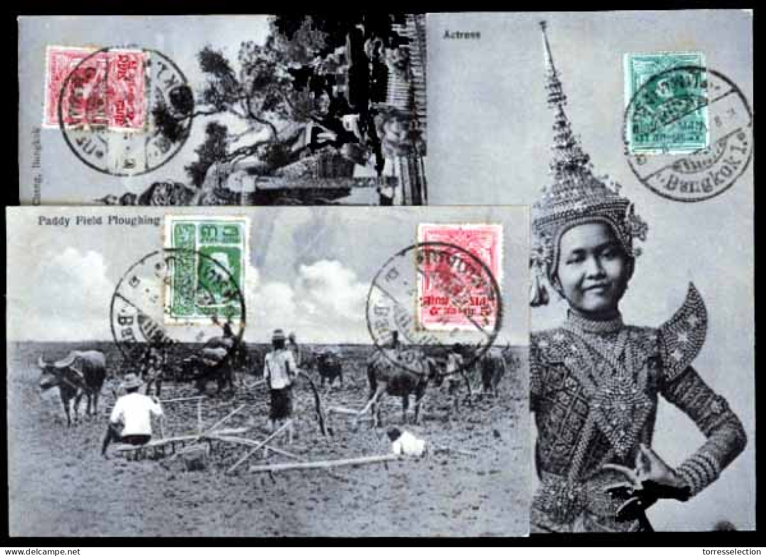 SIAM. 1925. 3 P.P.C's, With Stamps (King Rama VI "Garuda" Issues) On View's Sides, Cancelled Bangkok-1 Large Bilingual C - Siam