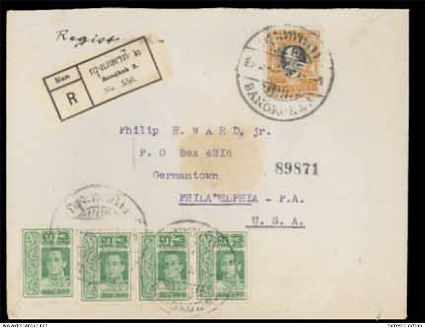 SIAM. 1922. Bangkok (2) To Philadelphia/USA. Registered Envelope Franked 50stg King Rama VI "Garuda" (Sir 210) And 4 X3  - Siam