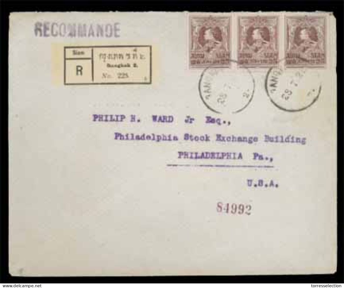 SIAM. 1921. Bangkok (2) To Philadelphia/USA. Registered Envelope Franked With 25stg STRIP OF THREE King Rama VI (Sir 208 - Siam