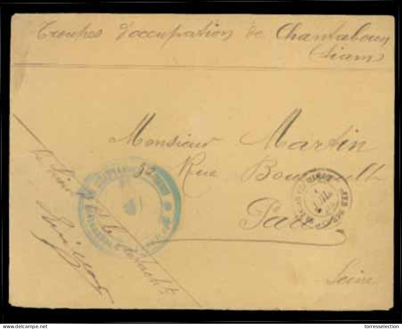SIAM. 1907. French Occupation Of  Chantaboon (Siam). Envelope Military Franchise Addressed To Paris. Blue-green Strike O - Siam