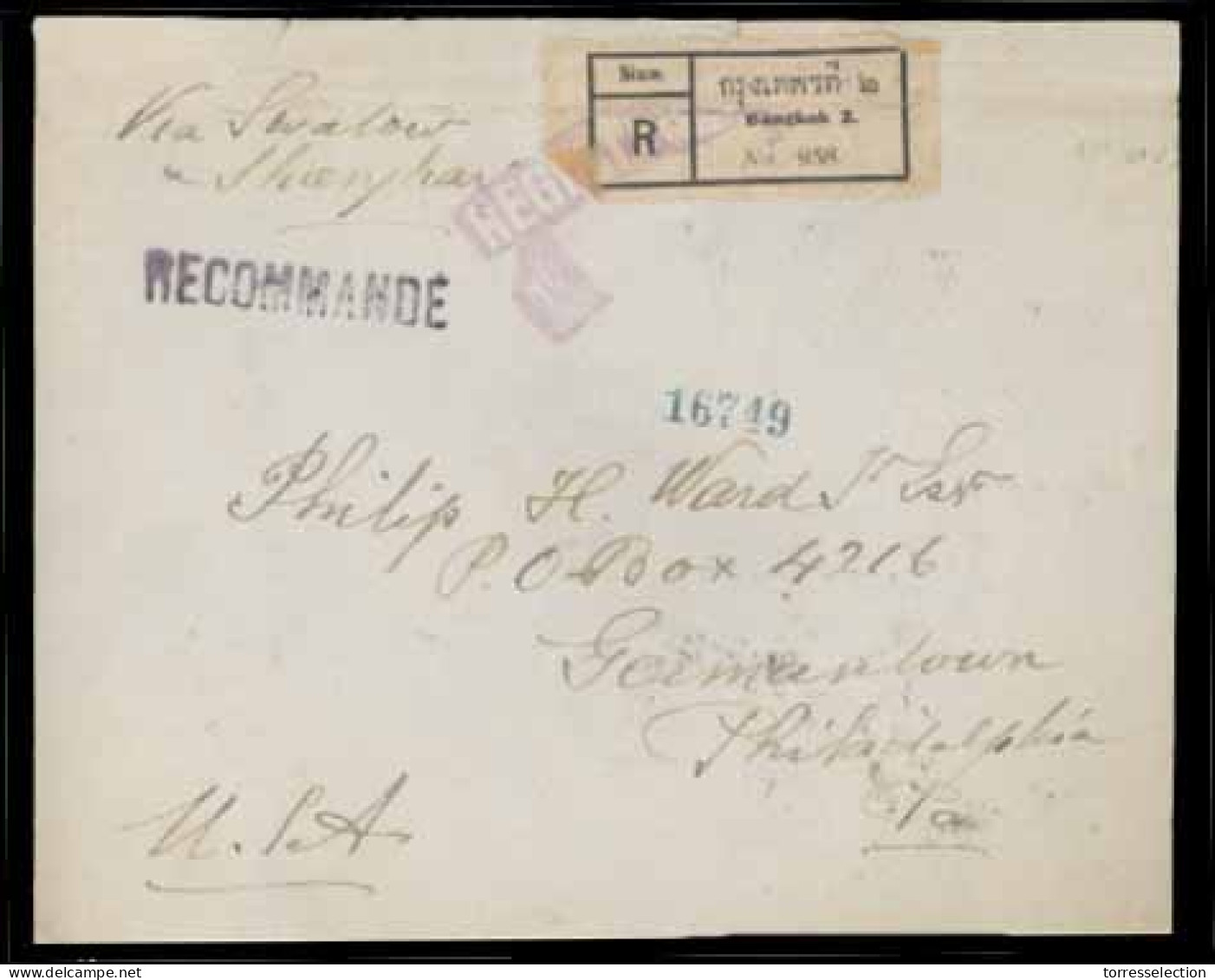 SIAM. 1917. Bangkok (2) TO Philadelphia/USA. Registered Envelope Franked On Reverse With 15 Stg Blue Pair King Rama VI " - Siam