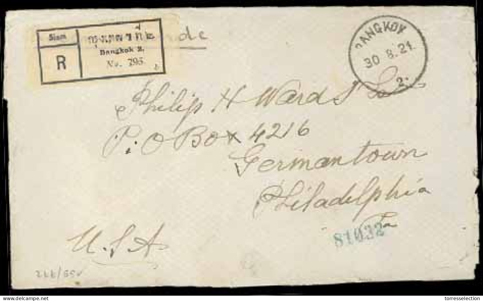 SIAM. 1921. Bangkok (district 2) To Philadelphia/USA. Registered Envelope With Stamps On Reverse 2stg, 5stg (2), 10stg,  - Siam