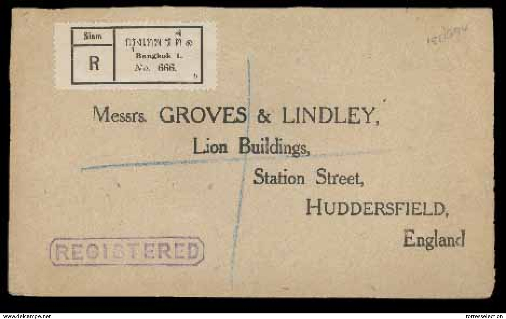 SIAM. 1923. Bangkok (district 1) To Huddersfield/England. Registered Envelope Bearing On Reverse 2stg Brown (Sir 166) An - Siam