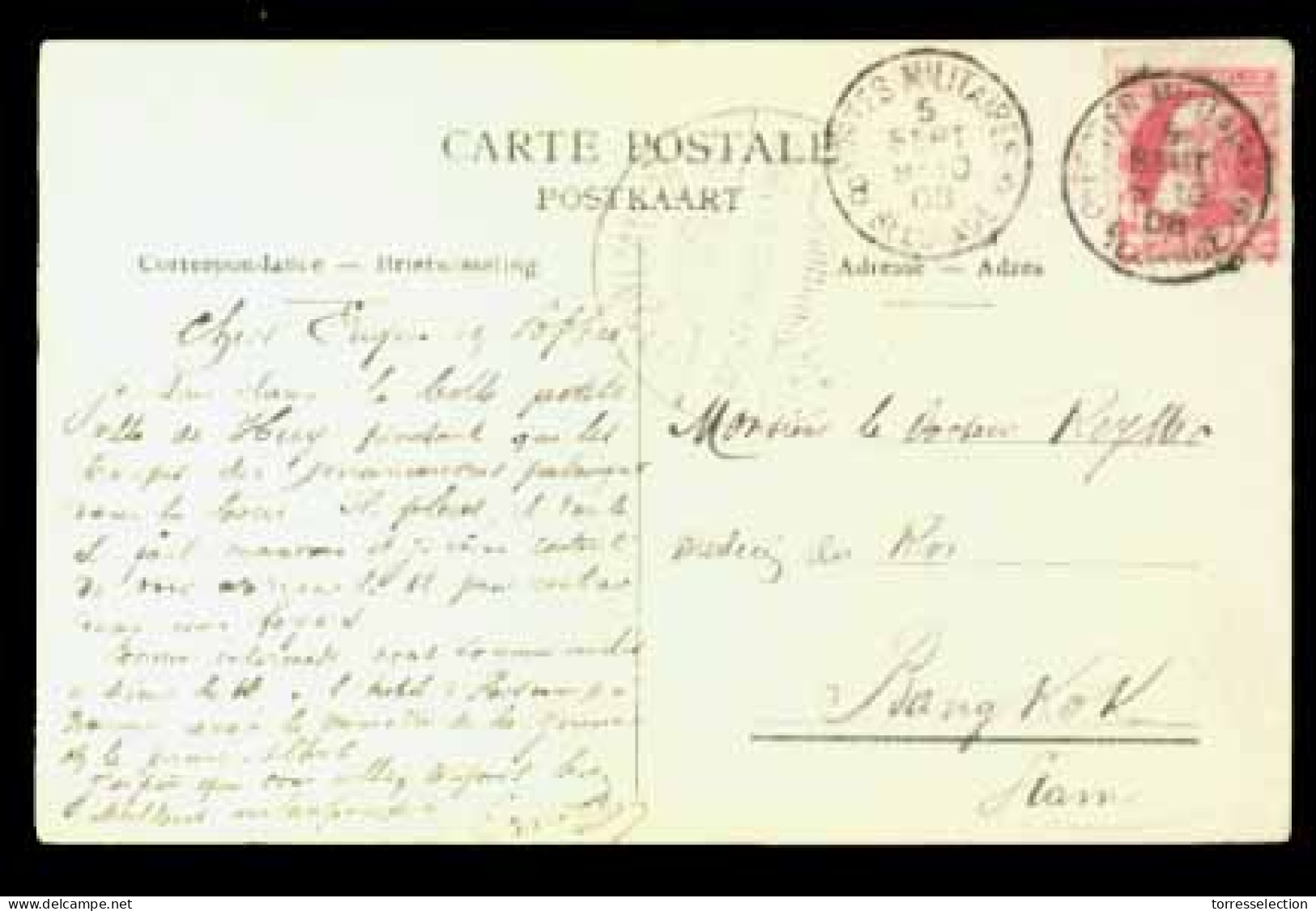 SIAM. 1908. Huy (Belgium) To Bangkok. P.P.C. Franked With Belgium 10 C.red, Tied By "POSTES MILITAIRES/8/8/BELGIQUE" C.d - Siam