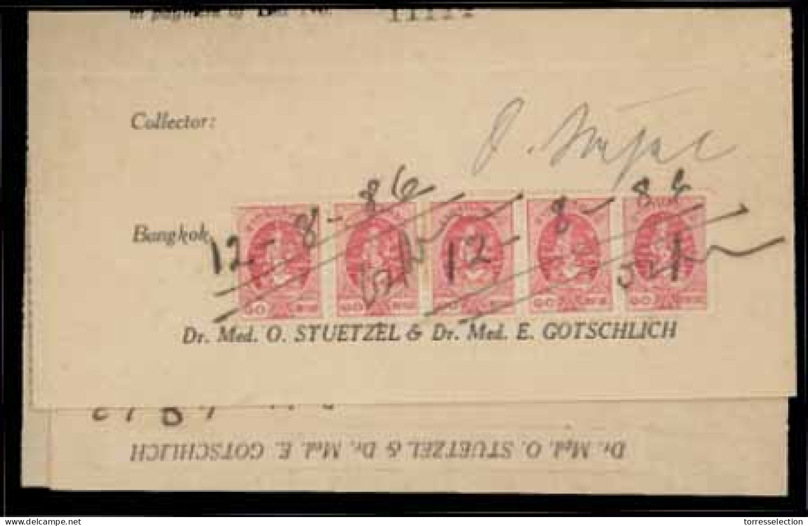 SIAM. 1943. A Receipt Of Doctor Med. O. Stuetzel With A Strip Of 5 Of Red Revenue Stamp  (tied By Date In Pen). War Time - Siam
