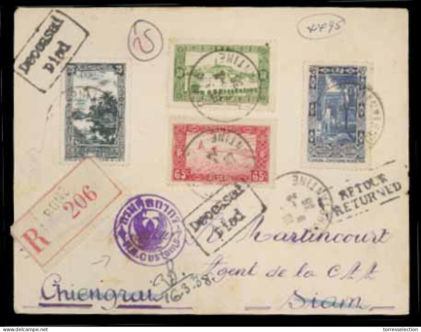 SIAM. 1938. Algeria To Chiengrai. Registered. Postmark "Deceased/died" In Box (***) And "Retour/Returned" Of Instruction - Siam