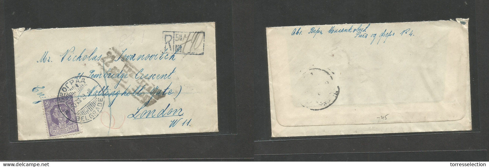 SERBIA. 1919 (30 Dec) Belgrade - London, UK. Registered 50p Lilac, Blue Cds + Censor Cachet + R-pmk. Arrival Reverse. - Serbie