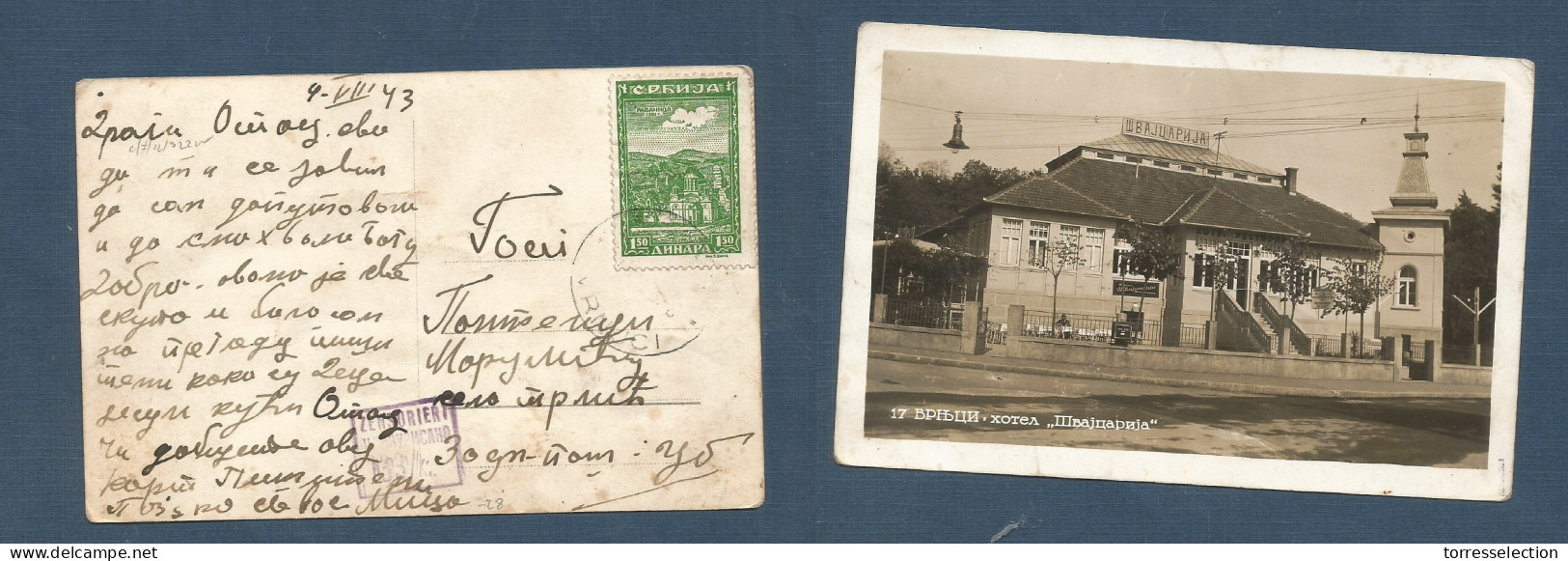 SERBIA. 1943 (4 Aug) Vrnuci Local WWII Censored Ppc. Interesting. Scarce Private Item Fkd 1,50p Green. - Serbie