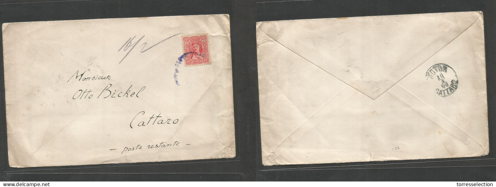 SERBIA. 1908. Fkd Env 10p Rosend, Blue Cds. Usage To Kotor / Cattaro, Montenegro (16 Jan) Scarce Stamp On Cover. - Serbie
