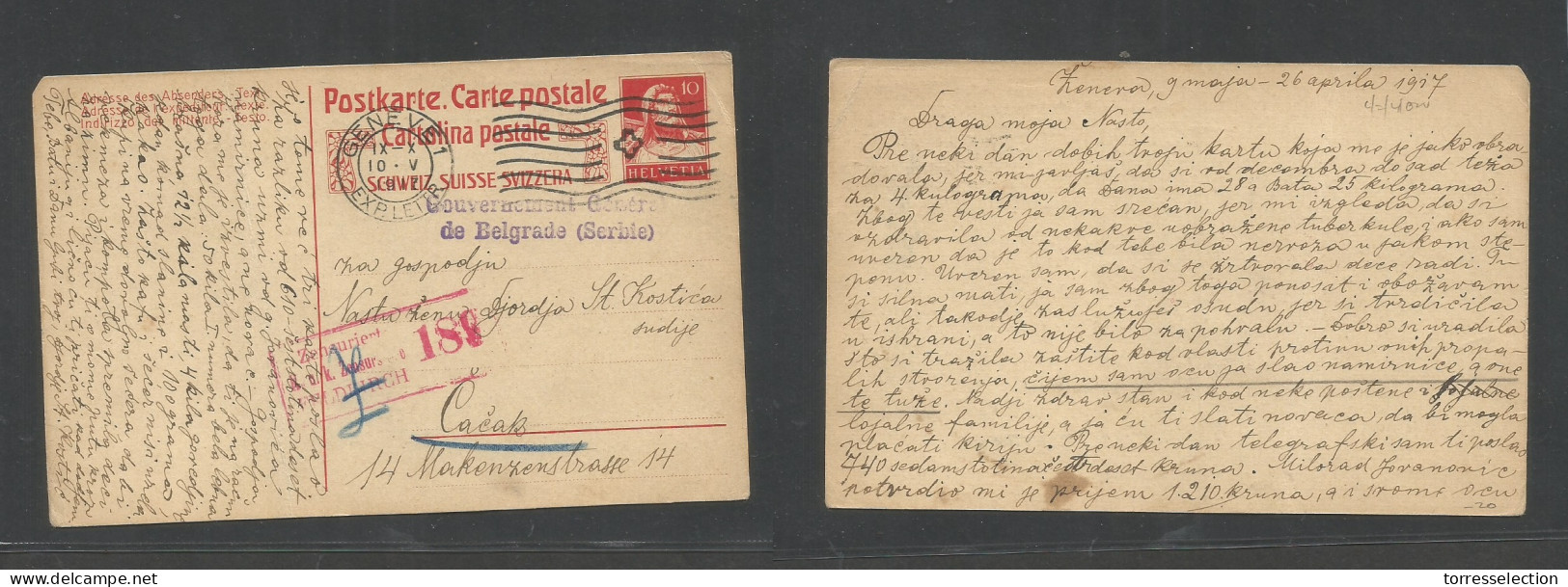 SERBIA. 1917 (10 May) Switzerland, Geneva, Caçabe, Serbian. Exiled Government. 10c Red Swiss Card + Censored. VF. - Serbie