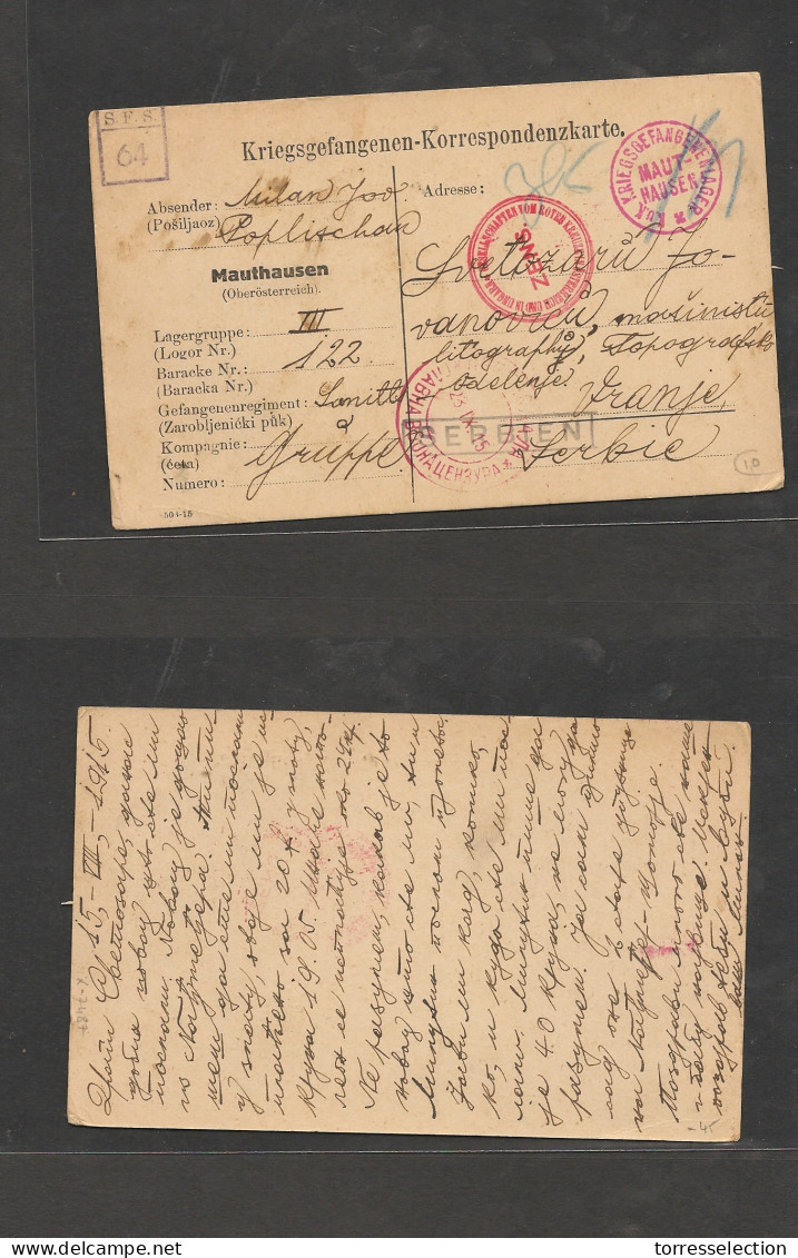 SERBIA. Serbia Cover 1915 Aug WW1 Mathausen POW FM Card Censor Cachets,fine. Easy Deal. - Serbie