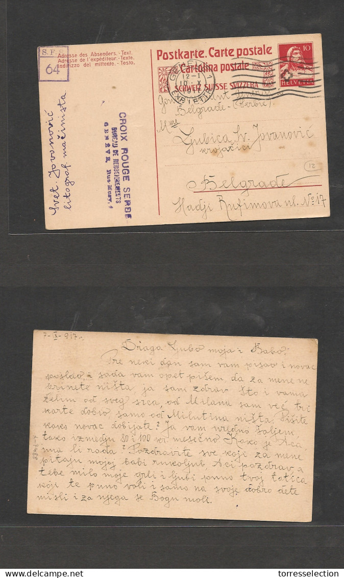 SERBIA. Serbia Cover 1917 WW1 Geneve Switz To Belgrade Red Cross Stat Card Cachhets. Easy Deal. - Serbie