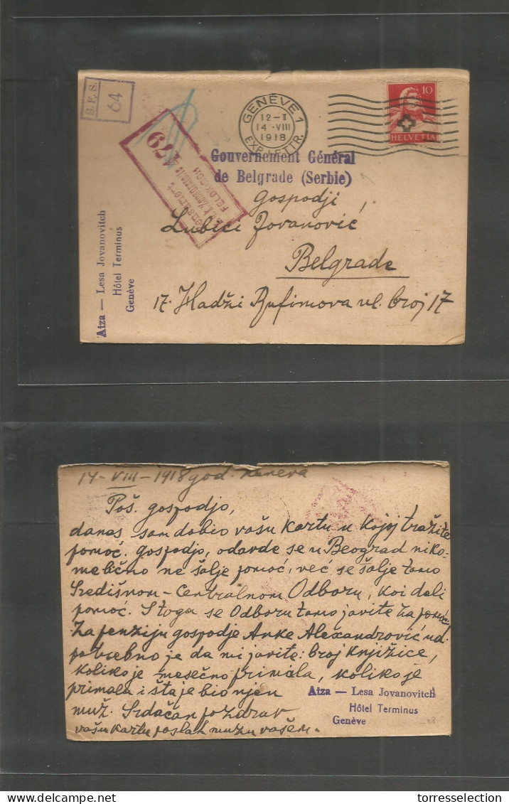 SERBIA. 1918 (14 Aug) Switzerland, Geneva - Belgrade. Fkd Swiss Strip Card With Special Cachet "gevernment General De Be - Serbia