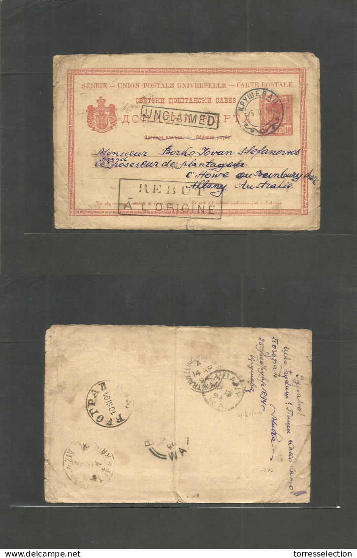 SERBIA. 1894 (25 Mach) Krymeban - Australia, Albany (13 Apr) 10 Para Red Stat Card + Returned / Unclaimed. Extraordinary - Serbia