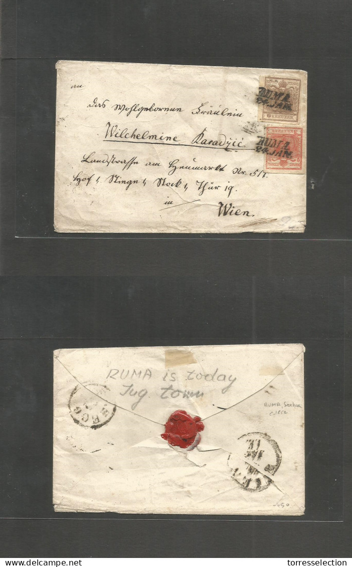 SERBIA. C. 1852 (24 Jan) Austria Postal Admin, Ruma - Wien, Via Esseg. Fkd Env 3 Kr + 6kr Both Full Wide Margins, Tied D - Serbia