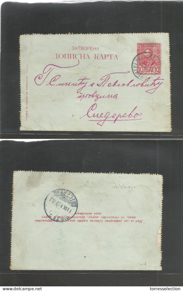 SERBIA. 1910 (11 Sept) Plaha Cmeaepero - Smederevo. 10p Red Stat Lettersheet. Fine Used. - Serbia