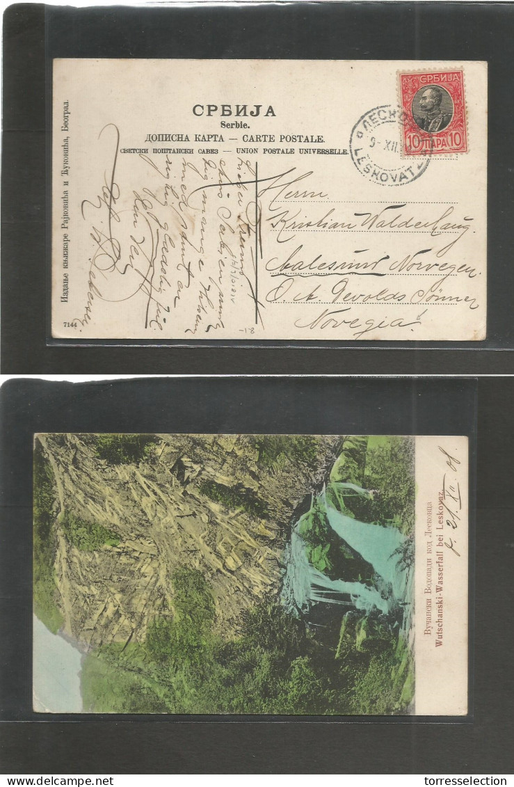 SERBIA. 1908 (9 Dec) Leskovat - Norway, Balesmur. Fkd 10p Red Watterfall Ppc. Fine Origin Village + Better Dest. - Serbia