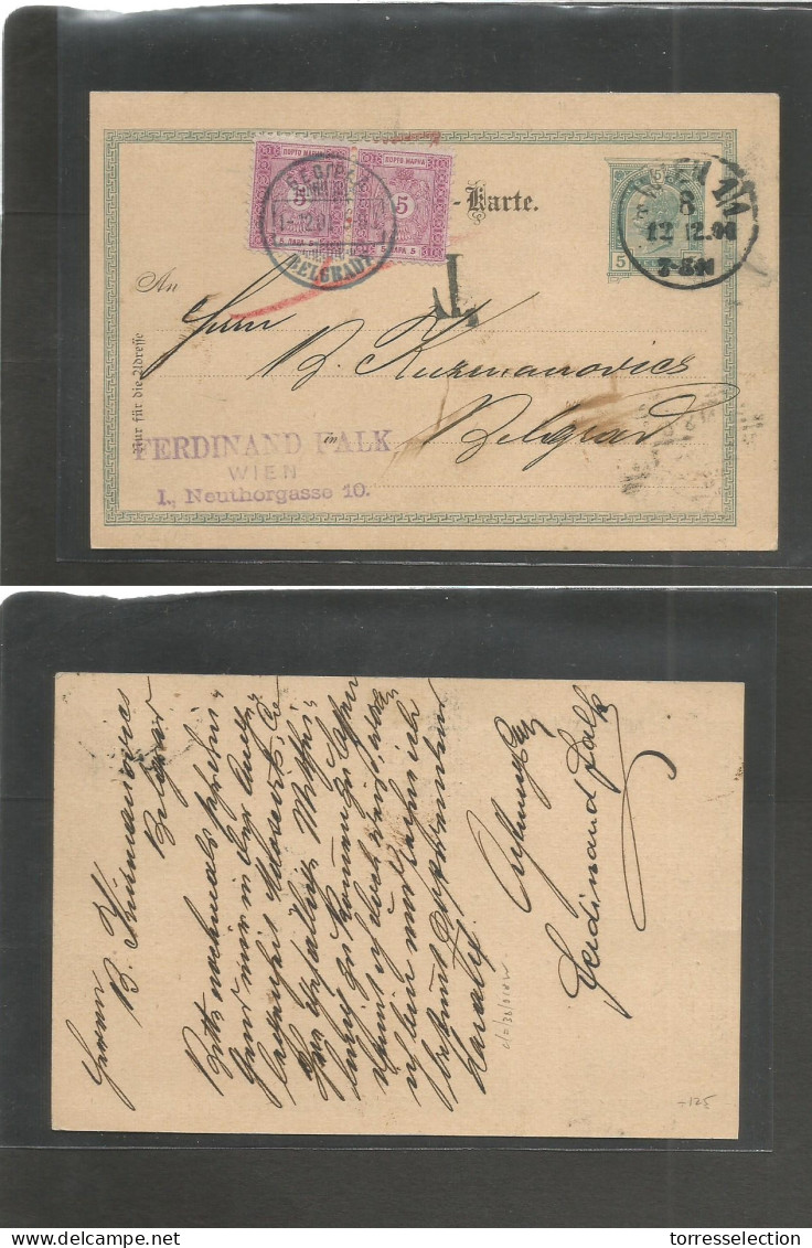 SERBIA. 1901 (12 Jan) Austria, Wien (12.12.1900) - Belgrade. 5h Green Stat Card + Taxed + Serbian P.dues 5p Lilac Pair,  - Serbia