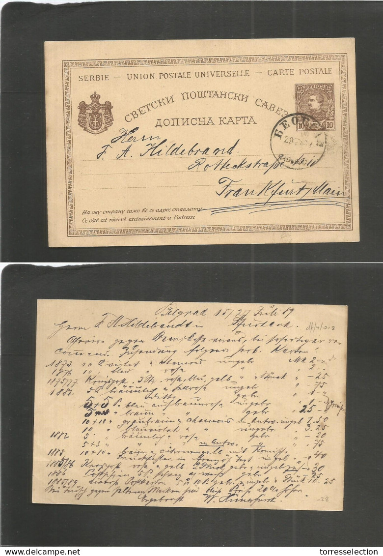 SERBIA. 1889 (27 July) Belgrade - Germany, Frankfurt. Scarce 10p Brown Stat Card, Cds. VF. - Serbia