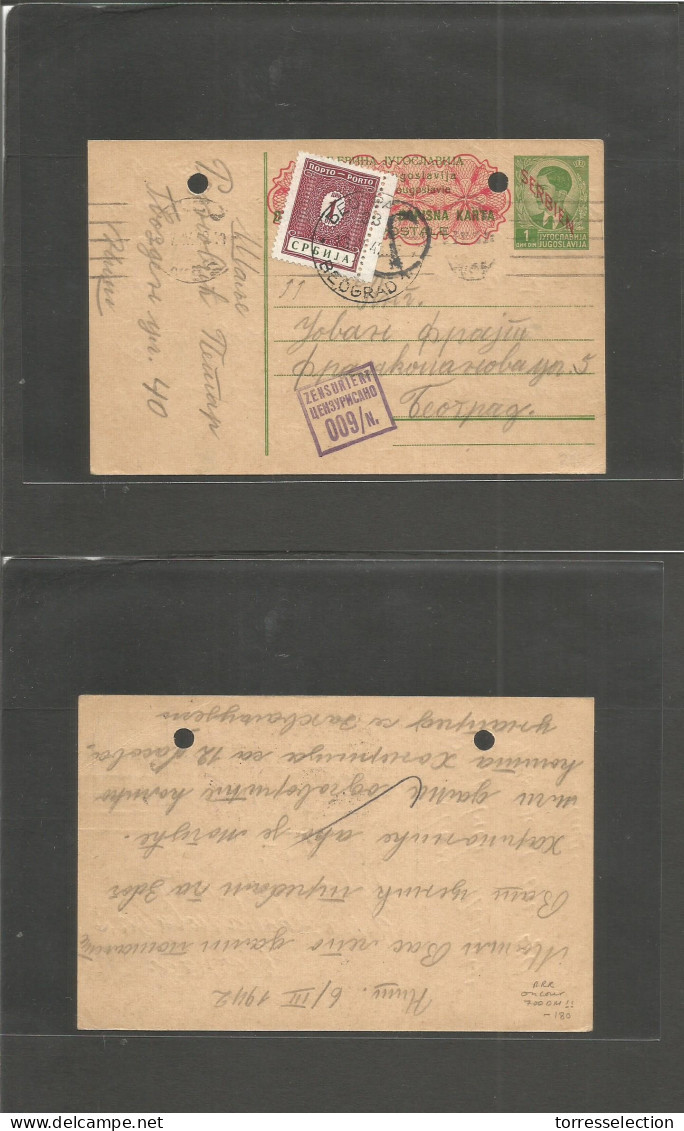 SERBIA. 1942 (6 March) Hunn - Belgrade. Ovptd Yougoslavia / Serbia Stat Card, Taxed With Extraord Rare. 1 Din Red Lilac  - Serbia