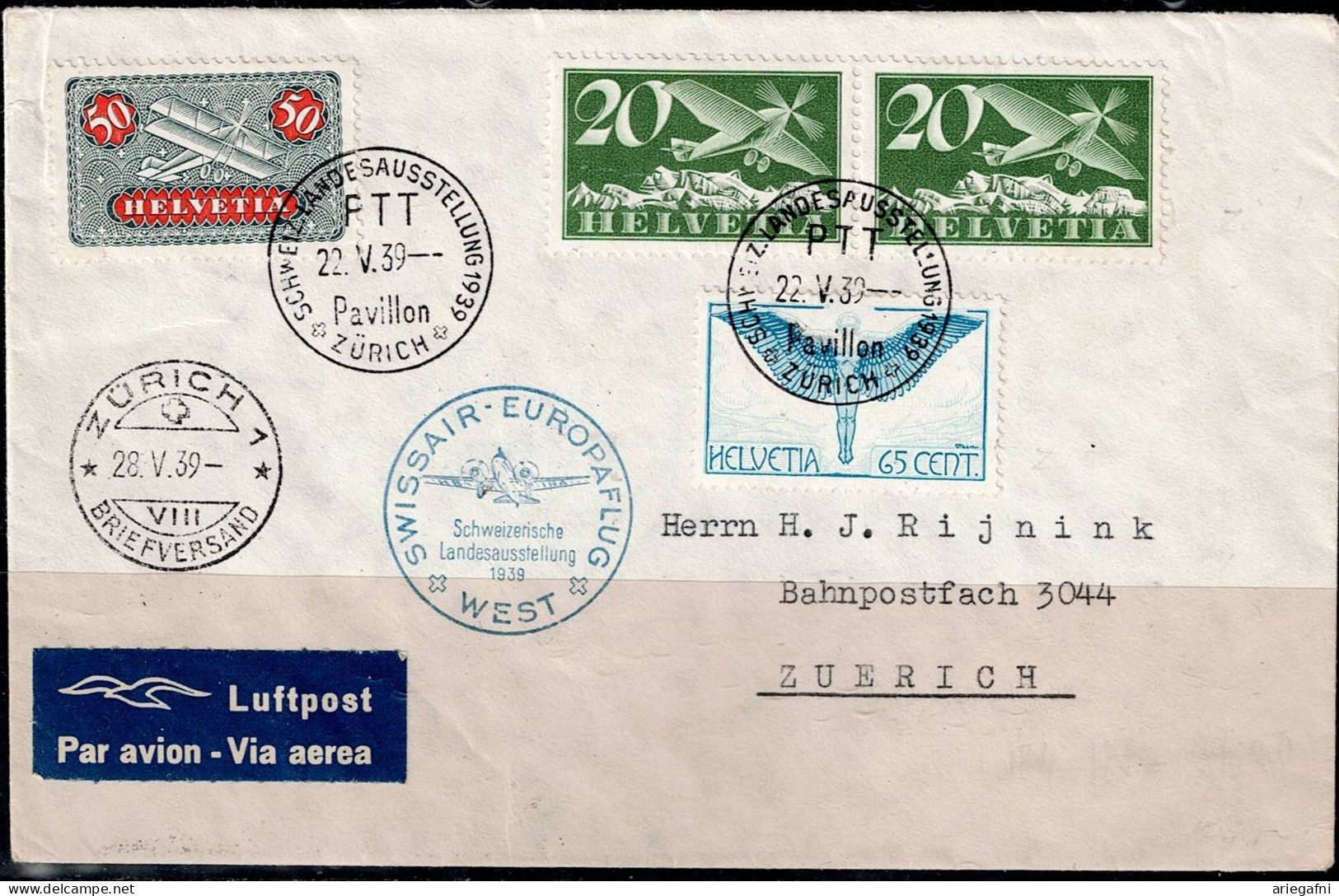 SWITZERLAND 1939 REGISTERED COVER FLIGHTS IN 22/5/39 FROM ZUERICH VF!! - Eerste Vluchten