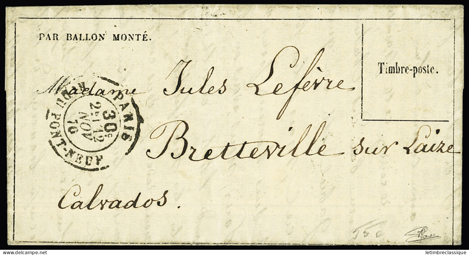 Lettre LE GENERAL UHRICH Gazette N°6 Non Timbrée Taxée à 30c Avec CàD T17 Paris/rue Du Pont-Neuf 12 Nov. 1870 Pour Brett - War 1870