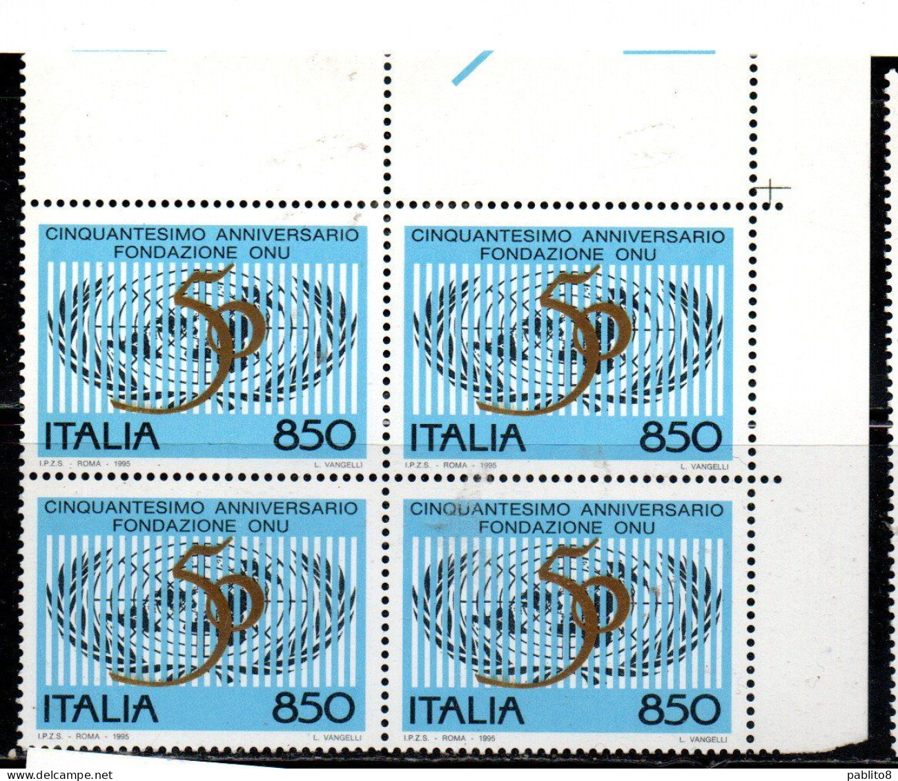 ITALIA REPUBBLICA ITALY REPUBLIC 1995 ANNIVERSARIO DELLA FONDAZIONE DELL' ONU NU UNO NAZIONI UNITE QUARTINA ANGOLO MNH - 1991-00: Neufs