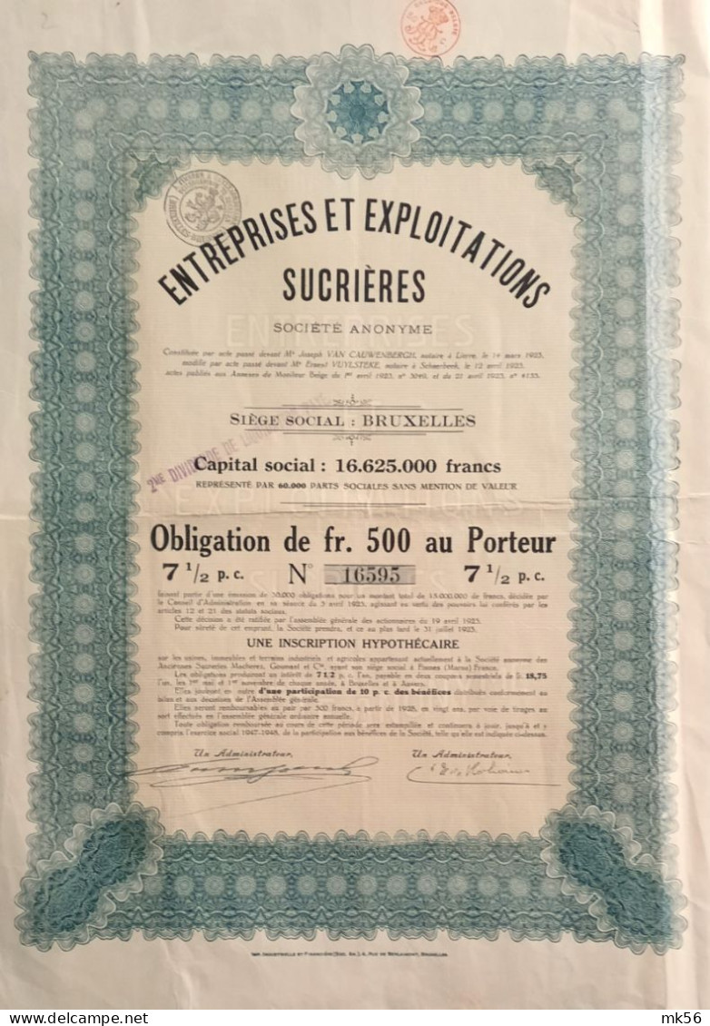 Entreprises Et Exploitations Sucrières - Obligation De 500fr 7,50 % - Agriculture