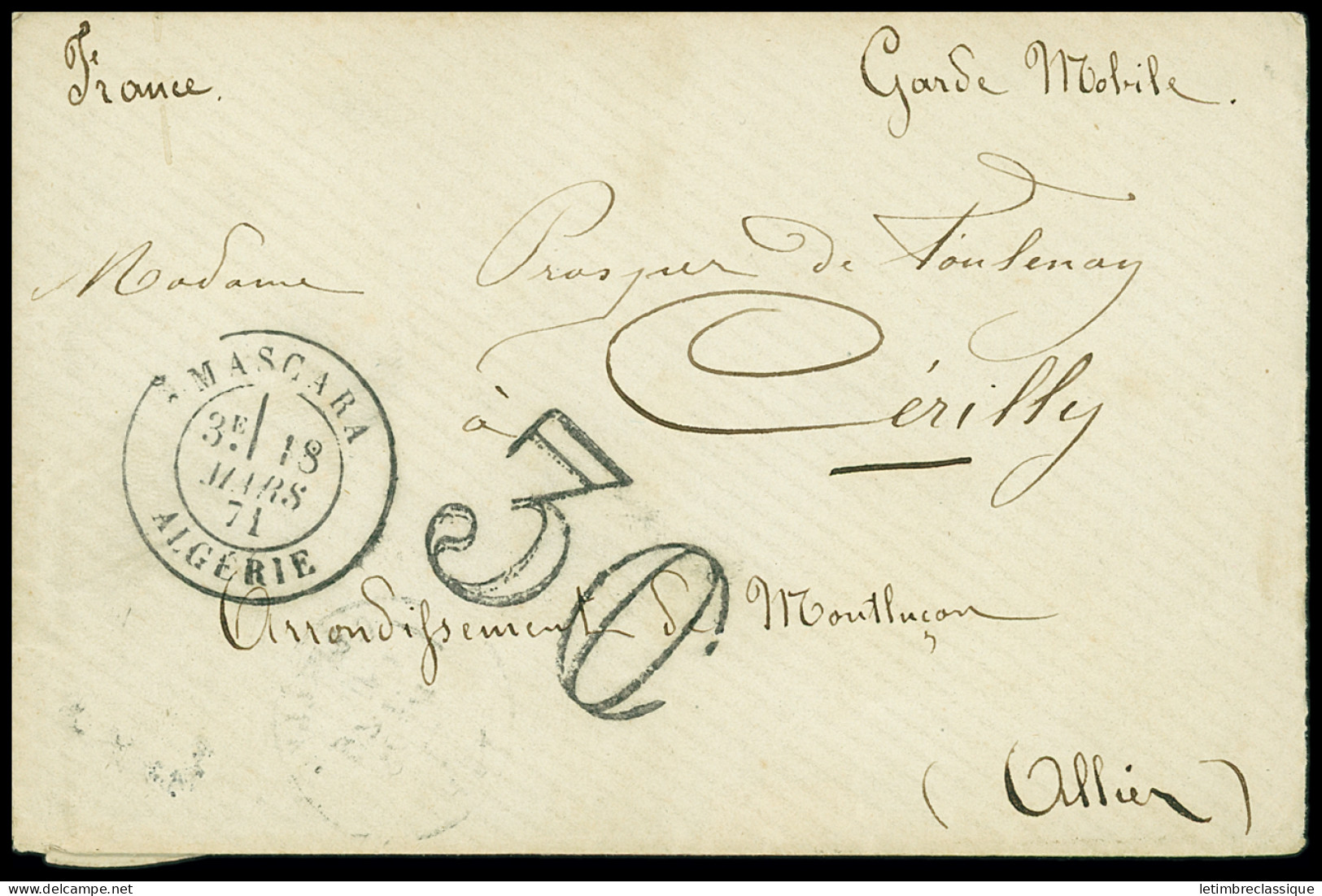 Lettre Lettre Avec CAD "Mascara Algérie" (18 Mars 1871) + Taxe 30 Double-trait Et Mention Manuscrite "Garde Mobile". TB - Guerre De 1870