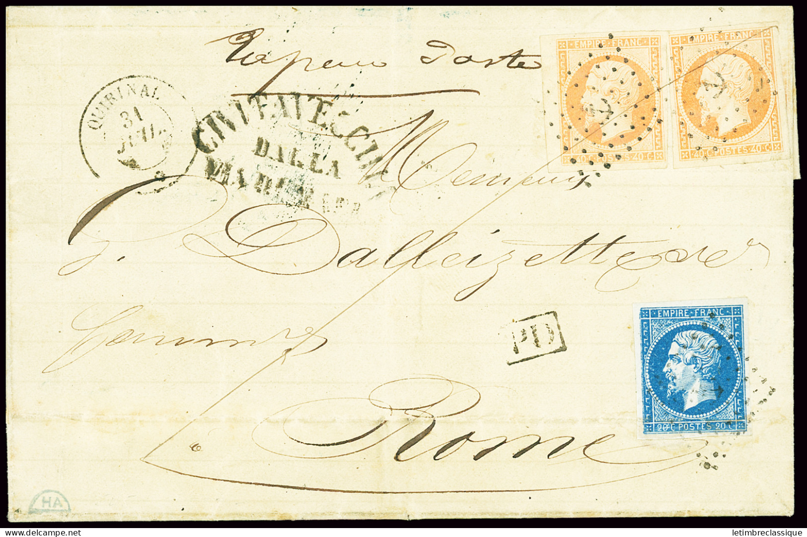Lettre N°14 + 16, 2 Pièces, OBL Ancre + CAD "Quirinal" (1862 - Salles N°815 - Ind 20) Sur Lettre Pour Rome Avec Cachet O - Maritime Post