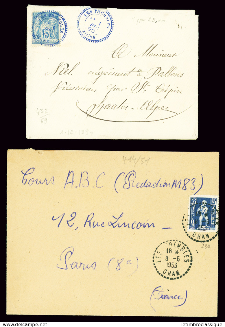 Lettre 2 Lettres : N°90 OBL CAD Perlé Bleu "Les Trembles Alger" (1890) Répété à Côté Et Algérie N°290 OBL CAD Tireté D12 - 1849-1876: Klassik