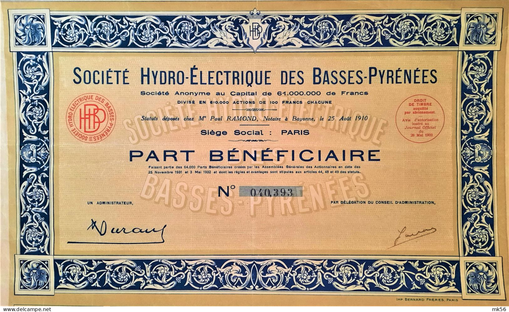 Société Hydro-éléctrique Des Basses-Pyrenées - Paris - 1910-  Part Bénéficiaire - Agriculture