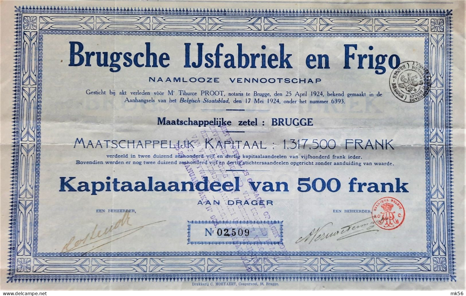 N.V. Brugsche Ijsfabriek En Frigo  (1924) Brugge - Industrial