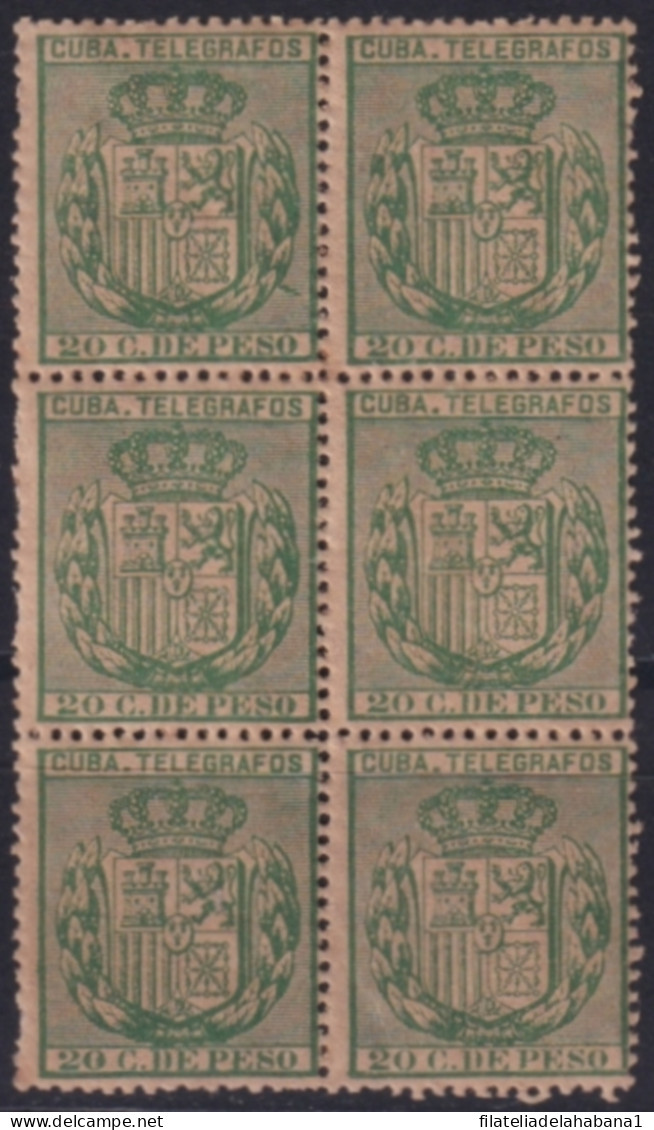 1888-36 CUBA SPAIN TELEGRAPH Ed.66 1888 ALFONSO XII 20c BLOCK 6.  - Prephilately