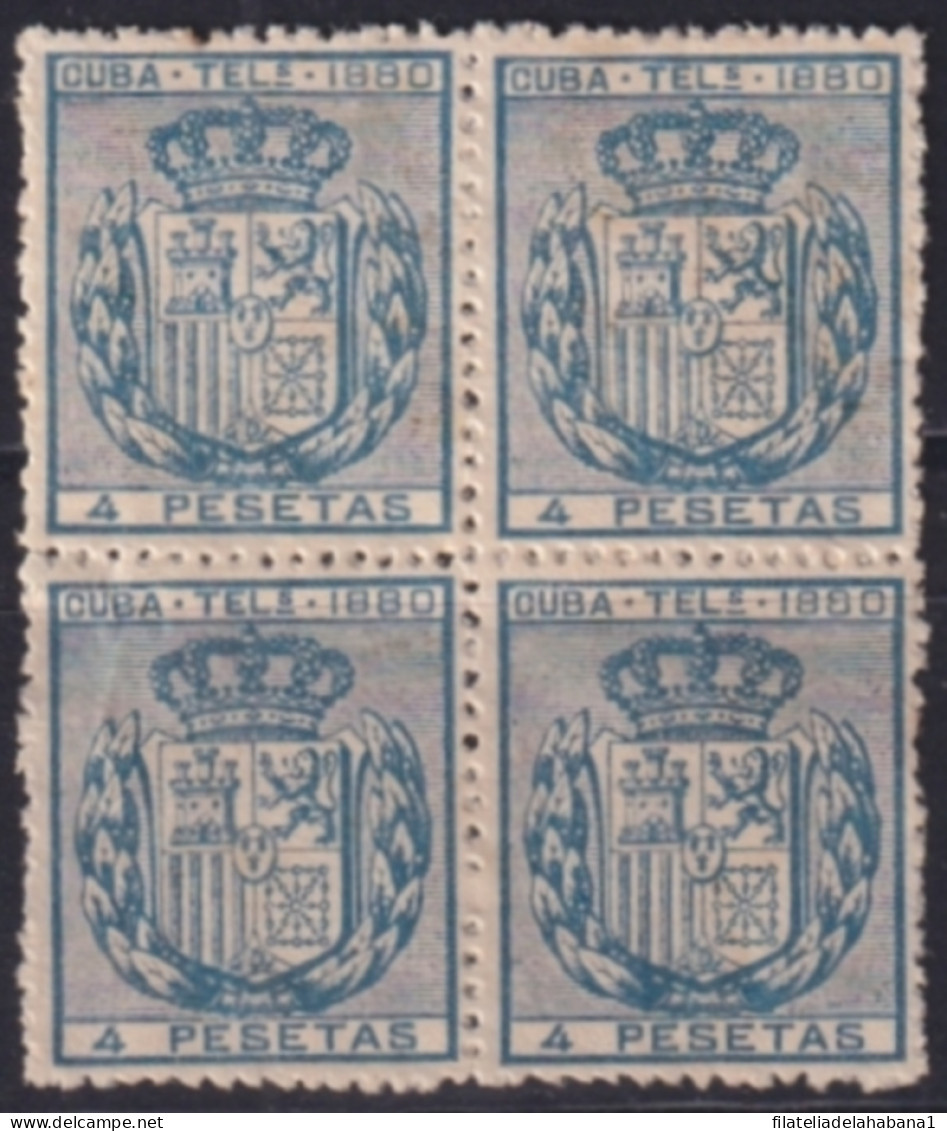 1880-197 CUBA SPAIN TELEGRAPH Ed.51 1880 ALFONSO XII 4 Ptas BLOCK 4.  - Prefilatelia