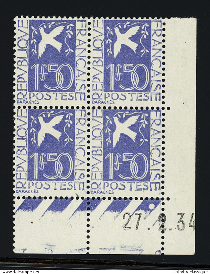 **,bloc De 4 N°294 1f50 Colombe De La Paix, Bloc De 4 Coin-daté 29.1.34, **, TB - Sonstige & Ohne Zuordnung