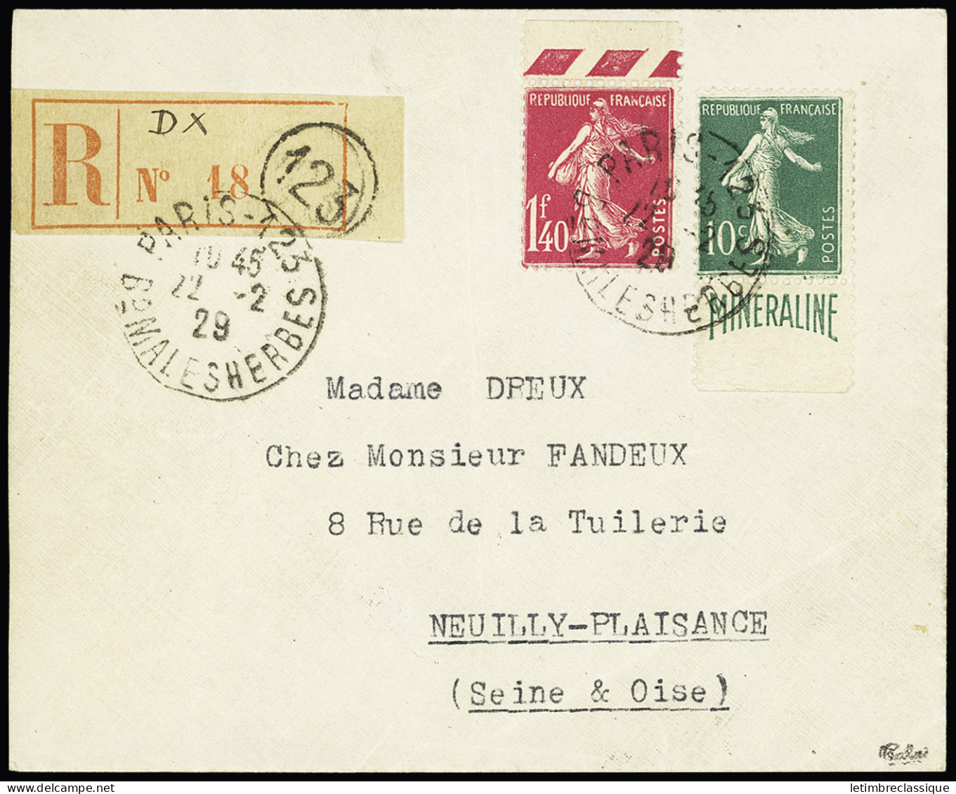 Lettre N°188A, Minéraline + N°196 OBL Paris 123 (1929) Sur Lettre Recommandée, On Ne Connait Que Quelques Plis AFF Avec  - Otros & Sin Clasificación