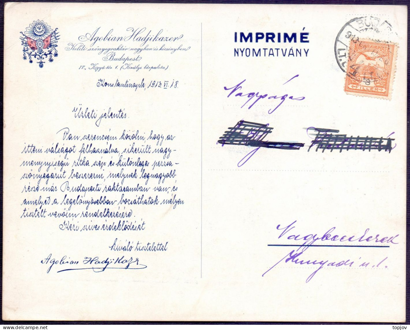 HUNGARY - TUREY - K.u.K. - CONTSTANTINOPLE (BUDAPEST) To NAGYBECSKEREK - 1913 - RARE - Cartas & Documentos