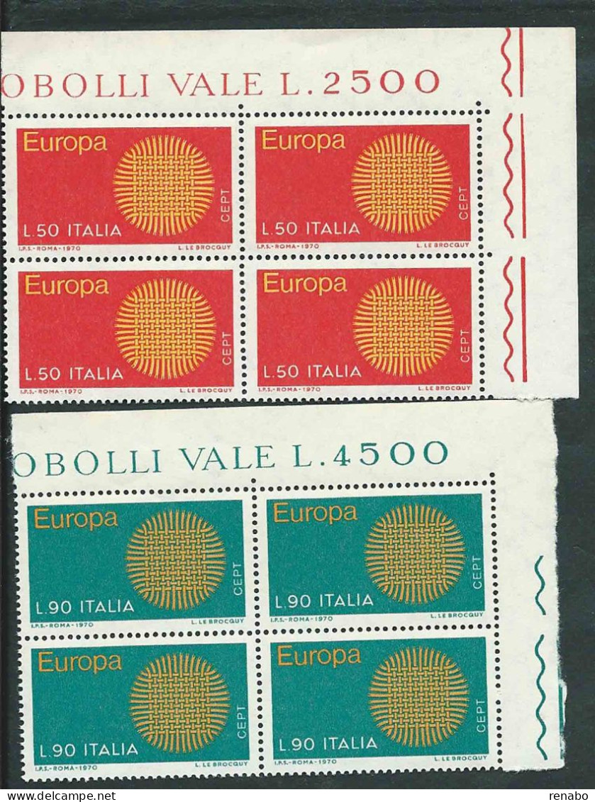 Italia 1970; EUROPA CEPT, Serie Completa In Quartine Di Angolo Superiore. - 1961-70: Neufs