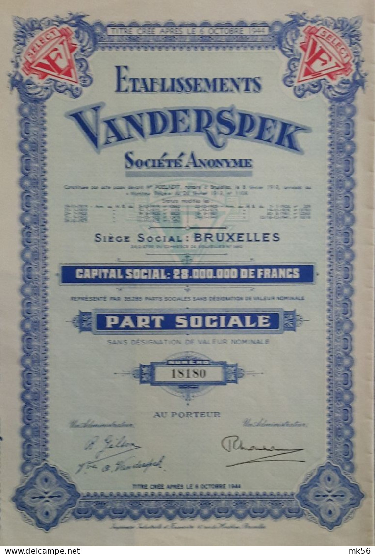 Etablissements Vanderspek - Bruxelles - 1941 - Part Sociale - Industry