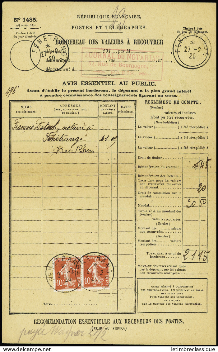 Lettre N°138 En Paire OBL CAD Provisoire "Fenetrange" (1920) Sur Bordereau Des Valeurs à Recouvrer N°1485. TB - Other & Unclassified