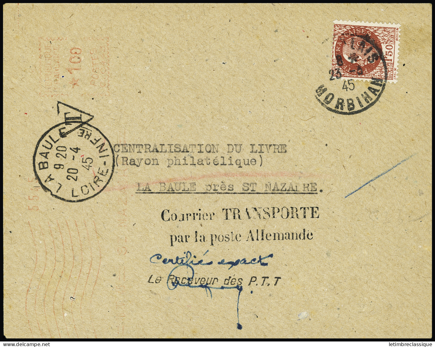 Lettre N°517 OBL Le Palais (23.3.45 - Belle Ile) Sur Lettre Pour La Baule Avec Arrivée 20.4.45 Et Griffe "Courrier Trans - Autres & Non Classés