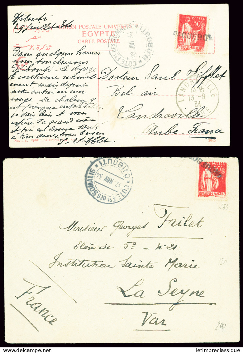 Lettre Lettre + Carte Postale AFF N°283 OBL Griffe "Paquebot" + CAD 2 Cercles "Cote Fse Des Somalis Djibouti" (1934). TB - Other & Unclassified
