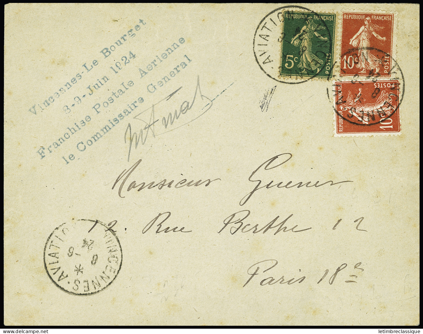 Lettre N°137 + 138, 2 Pièces OBL CAD "Vincennes Aviation" (8.6.1924 - Beaucoup Plus Rare Que 1923) Avec Griffe Bleue "Vi - Luftpost