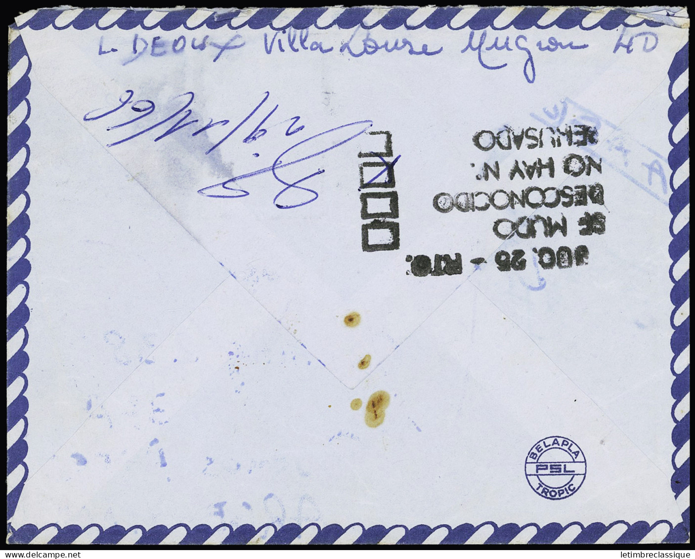 Lettre 21.11.1966. Lettre De Biarritz Pour Buenos Aires Avec Petite Griffe Noire "Courrier Accidenté". Non Signalé. TB - Poste Aérienne