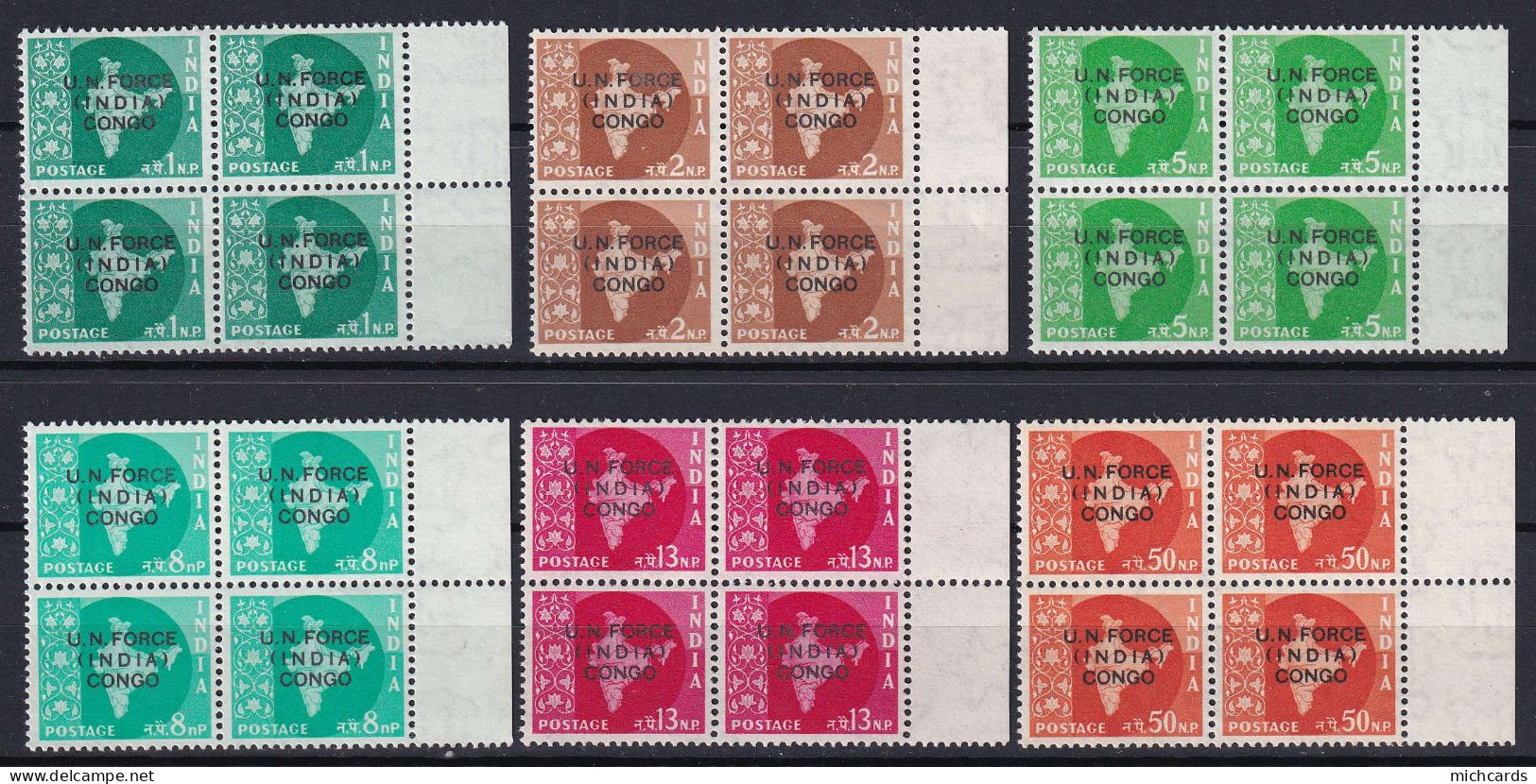 185 INDE 1962 - Yvert Franchise 44/49 Bloc De 4 - Surcharge U.N. FORCE (INDIA) CONGO - Neuf ** (MNH) Sans Charniere - Ongebruikt