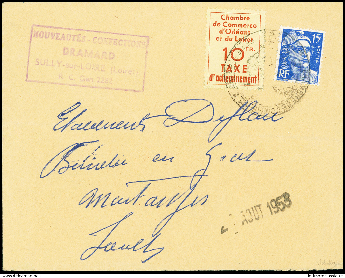 Lettre N°3 10f Rouge-brique Sur Jaune En Combinaison Avec Poste N°886 15f Gandon, Obl. Cachet Chambre De Commerce D'Orlé - Stamps