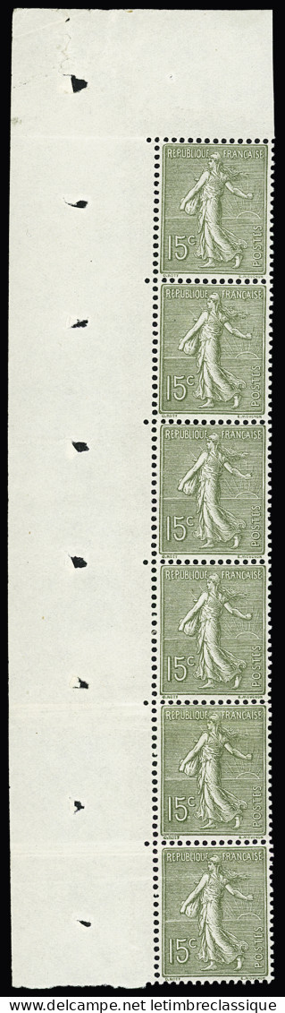 ** N°3 15c Semeuse Lignée Vert-gris, Bande Verticale De 6 Cdf, Pli Sur 2 Ex., Neuf **, TB, R - Coil Stamps