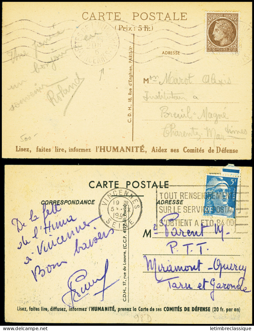 Lettre 2 Cartes Postales En Couleurs : Fête Champêtre De L'Humanité à Vincennes 1946 Et 1948, OBL TB - Autres & Non Classés